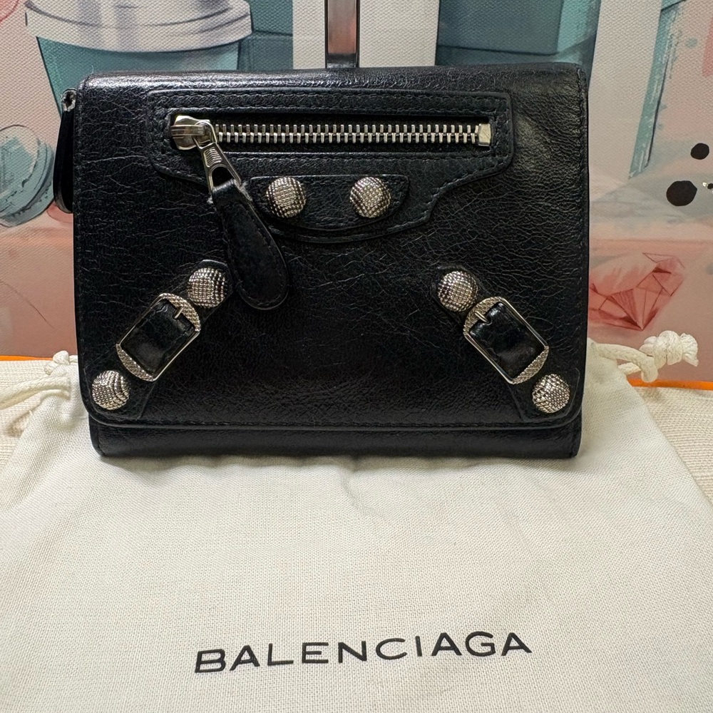 Balenciaga Black Leather Zip-Front Wallet with Silver Hardware